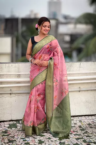 Pink tissue crush silk floral printed saree with zari woven border
