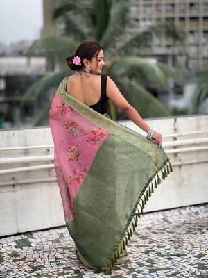 Pink tissue crush silk floral printed saree with zari woven border 3