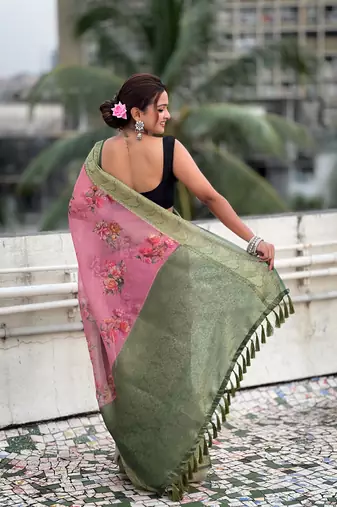 Pink tissue crush silk floral printed saree with zari woven border