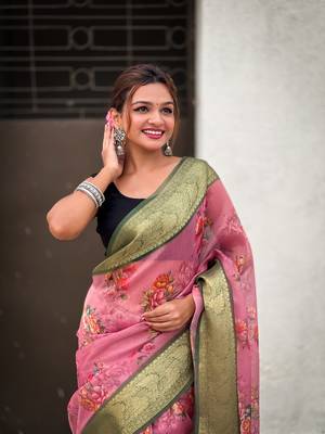 Pink tissue crush silk floral printed saree with zari woven border 4