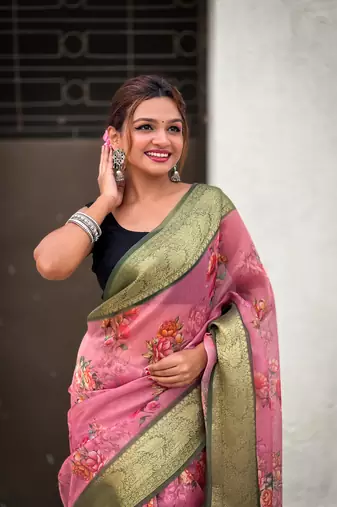 Pink tissue crush silk floral printed saree with zari woven border