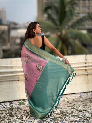 Lavender tissue crush silk floral printed saree with zari woven border 2