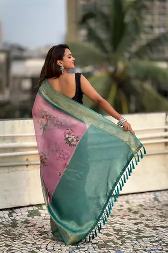 Lavender tissue crush silk floral printed saree with zari woven border