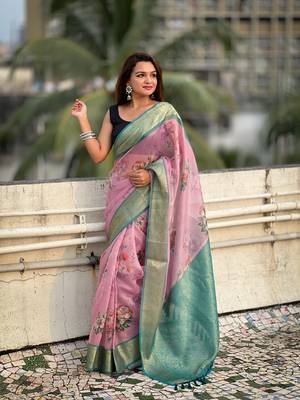 Lavender tissue crush silk floral printed saree with zari woven border 4