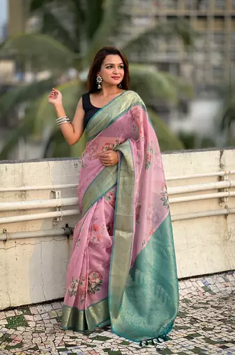 Lavender tissue crush silk floral printed saree with zari woven border
