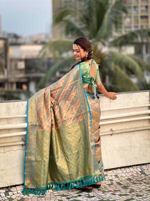Rama blue original dharmavaram leheriya silk zari woven saree 2