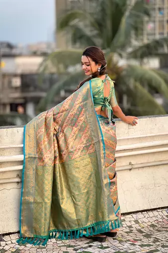 Rama blue original dharmavaram leheriya silk zari woven saree