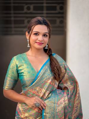 Rama blue original dharmavaram leheriya silk zari woven saree 3