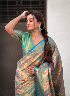 Rama blue original dharmavaram leheriya silk zari woven saree 4