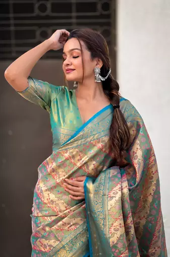 Rama blue original dharmavaram leheriya silk zari woven saree