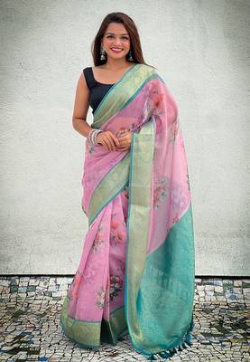 Lavender tissue crush silk floral printed saree with zari woven border 1