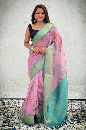 Lavender tissue crush silk floral printed saree with zari woven border