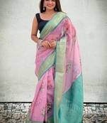 Lavender tissue crush silk floral printed saree with zari woven border