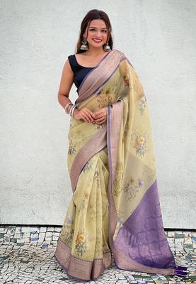 Mehendi green tissue crush silk floral printed saree with zari woven border 1