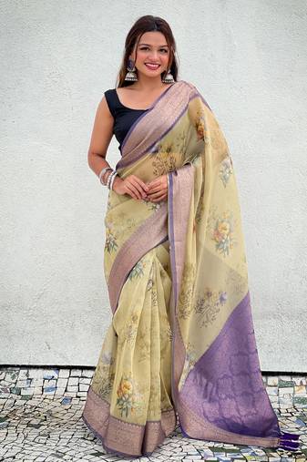 Mehendi green tissue crush silk floral printed saree with zari woven border