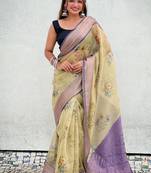 Mehendi green tissue crush silk floral printed saree with zari woven border