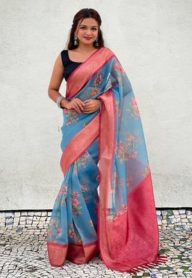 Blue tissue crush silk floral printed saree with zari woven border 2