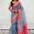 Blue tissue crush silk floral printed saree with zari woven border
