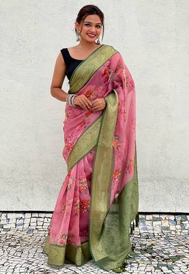 Pink tissue crush silk floral printed saree with zari woven border 1