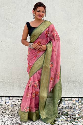 Pink tissue crush silk floral printed saree with zari woven border