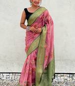 Pink tissue crush silk floral printed saree with zari woven border