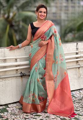 Sky blue tissue crush silk floral printed saree with zari woven border 4
