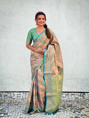 Rama blue original dharmavaram leheriya silk zari woven saree 1