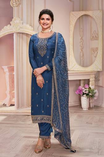 Blue embroidered georgette semi-stitched pakistani suit