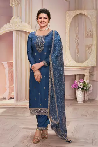 Blue embroidered georgette semi-stitched pakistani suit