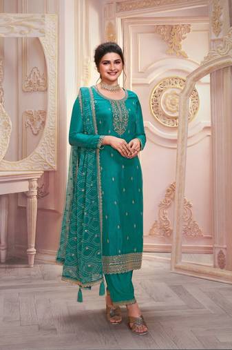 Aqua green embroidered georgette semi-stitched pakistani suit