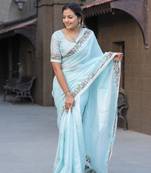 Sky Blue Kota Doria Saree With Floral Hand Embroidery Work Saree