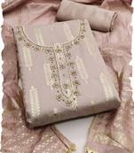 Pink silk blend banarasi jacquard embroidered beads applique unstitched dress material