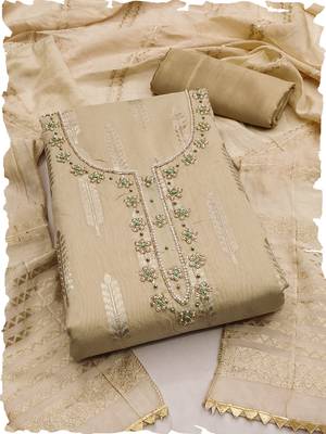 Beige silk blend banarasi jacquard embroidered beads applique unstitched dress material 1