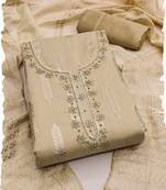 Beige silk blend banarasi jacquard embroidered beads applique unstitched dress material