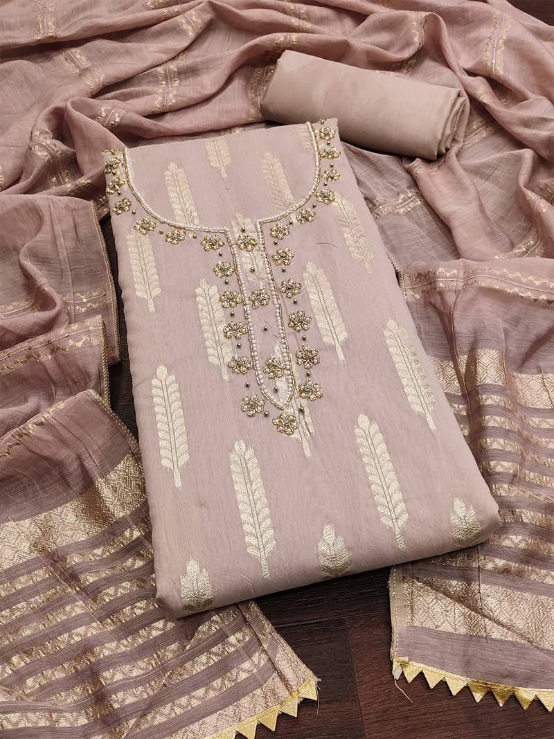 Pink silk blend banarasi jacquard embroidered beads applique unstitched dress material