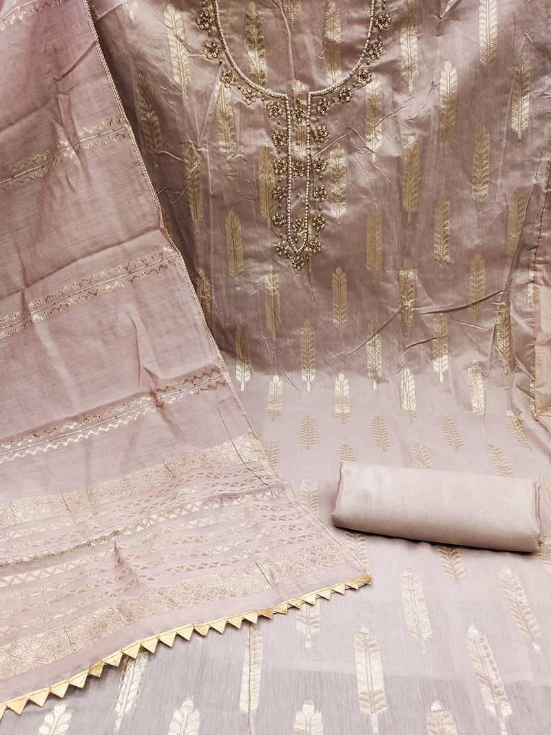 Pink silk blend banarasi jacquard embroidered beads applique unstitched dress material