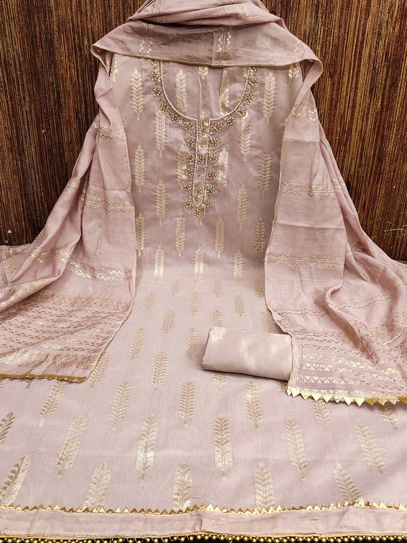 Pink silk blend banarasi jacquard embroidered beads applique unstitched dress material