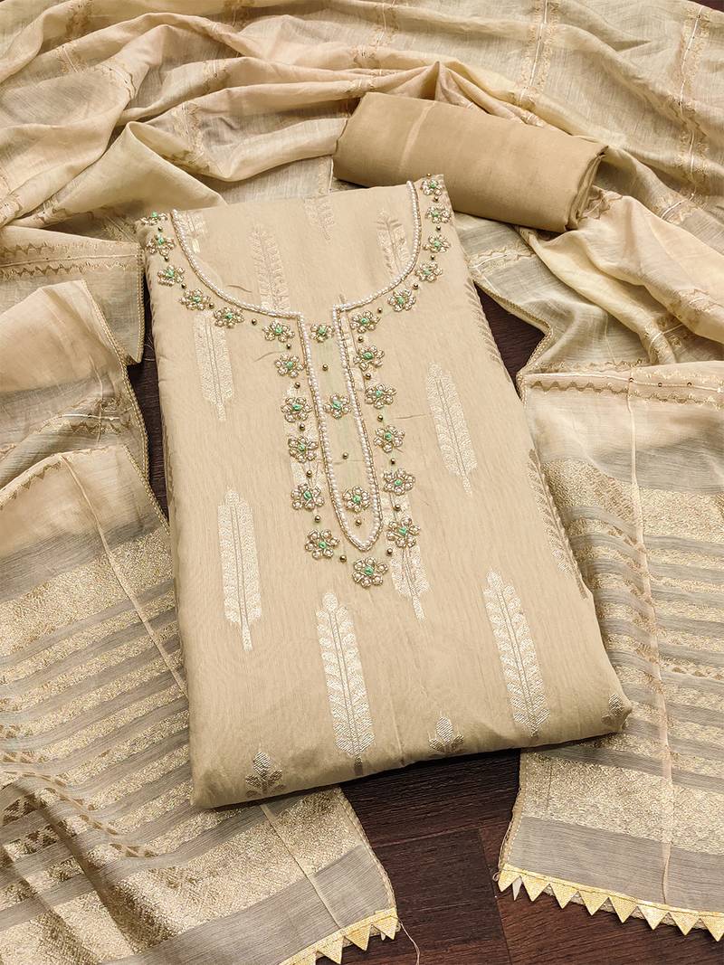 Beige silk blend banarasi jacquard embroidered beads applique unstitched dress material