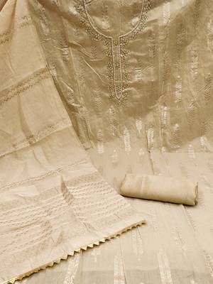Beige silk blend banarasi jacquard embroidered beads applique unstitched dress material 3