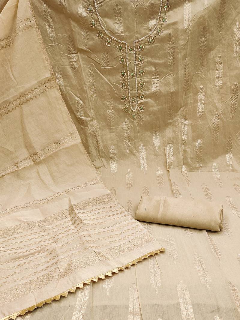 Beige silk blend banarasi jacquard embroidered beads applique unstitched dress material