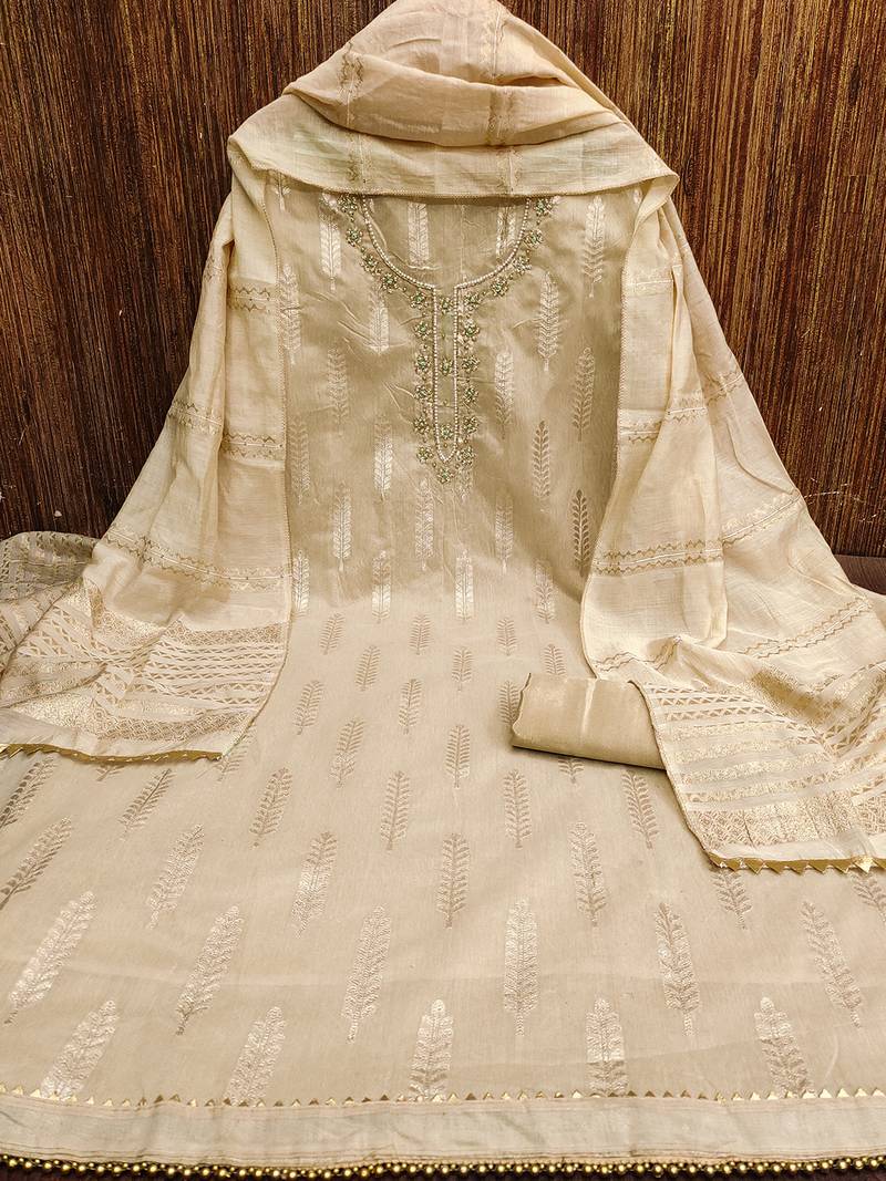 Beige silk blend banarasi jacquard embroidered beads applique unstitched dress material