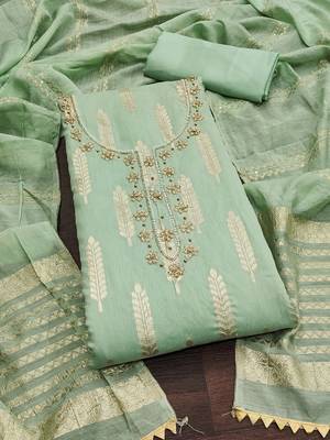 Green silk blend banarasi jacquard embroidered unstitched dress material 2