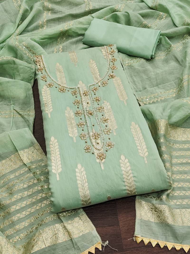 Green silk blend banarasi jacquard embroidered unstitched dress material