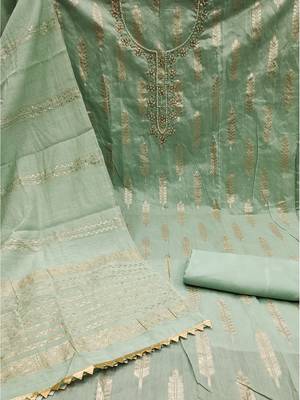 Green silk blend banarasi jacquard embroidered unstitched dress material 3