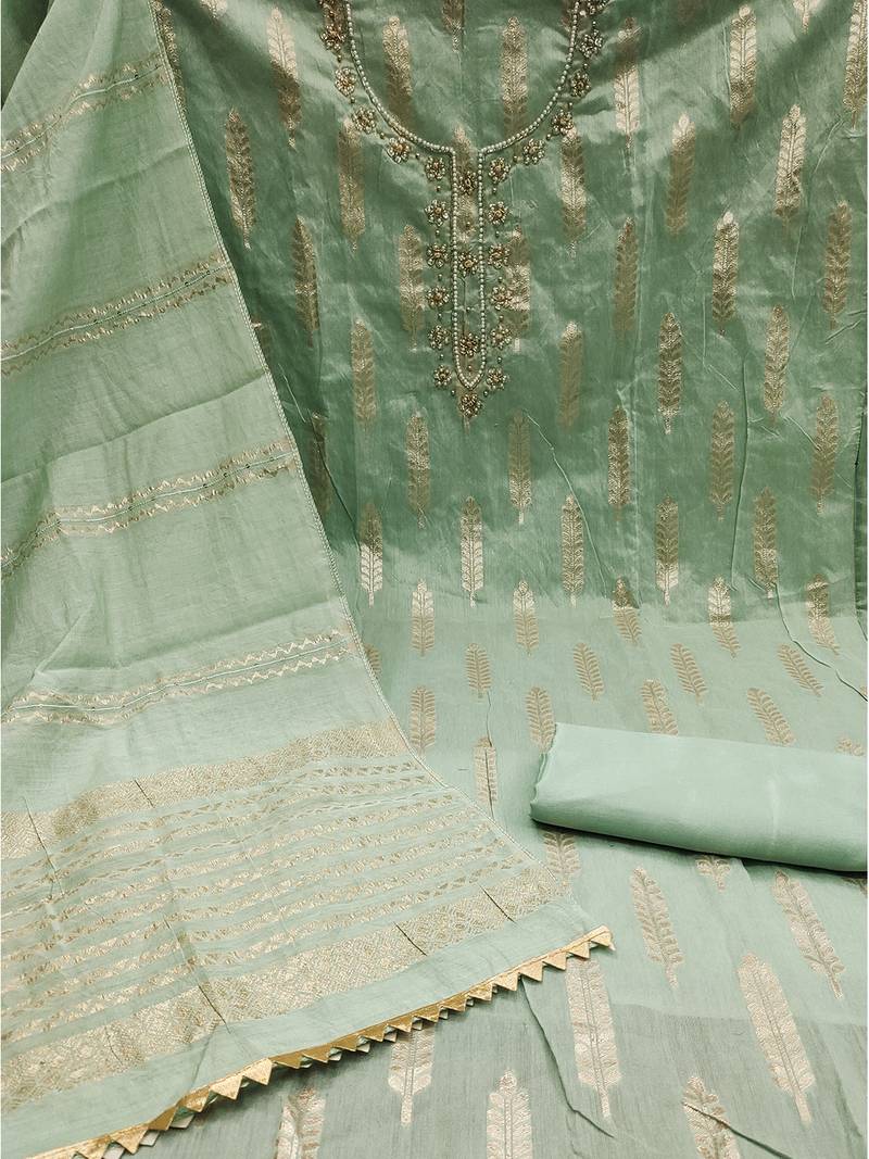 Green silk blend banarasi jacquard embroidered unstitched dress material