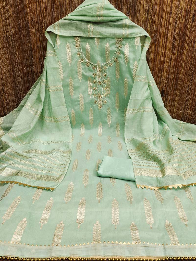 Green silk blend banarasi jacquard embroidered unstitched dress material
