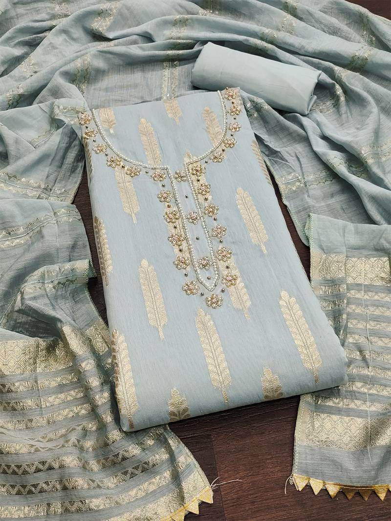 Grey silk blend banarasi jacquard embroidered unstitched dress material