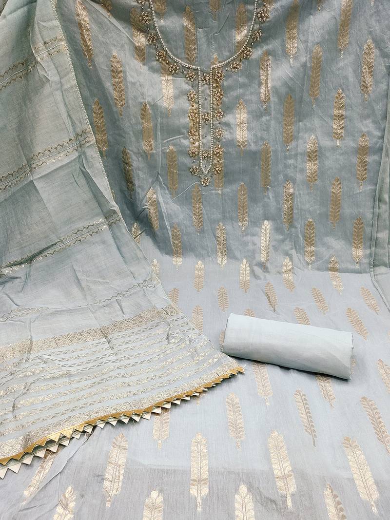 Grey silk blend banarasi jacquard embroidered unstitched dress material