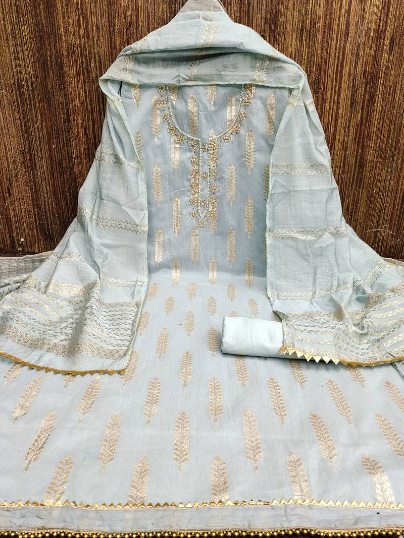 Grey silk blend banarasi jacquard embroidered unstitched dress material