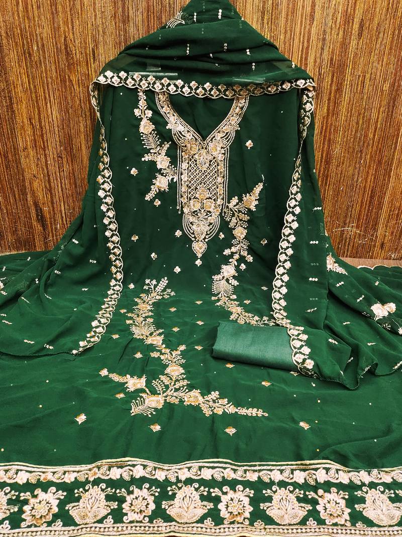 Green georgette embroidery work stones unstitched dress material